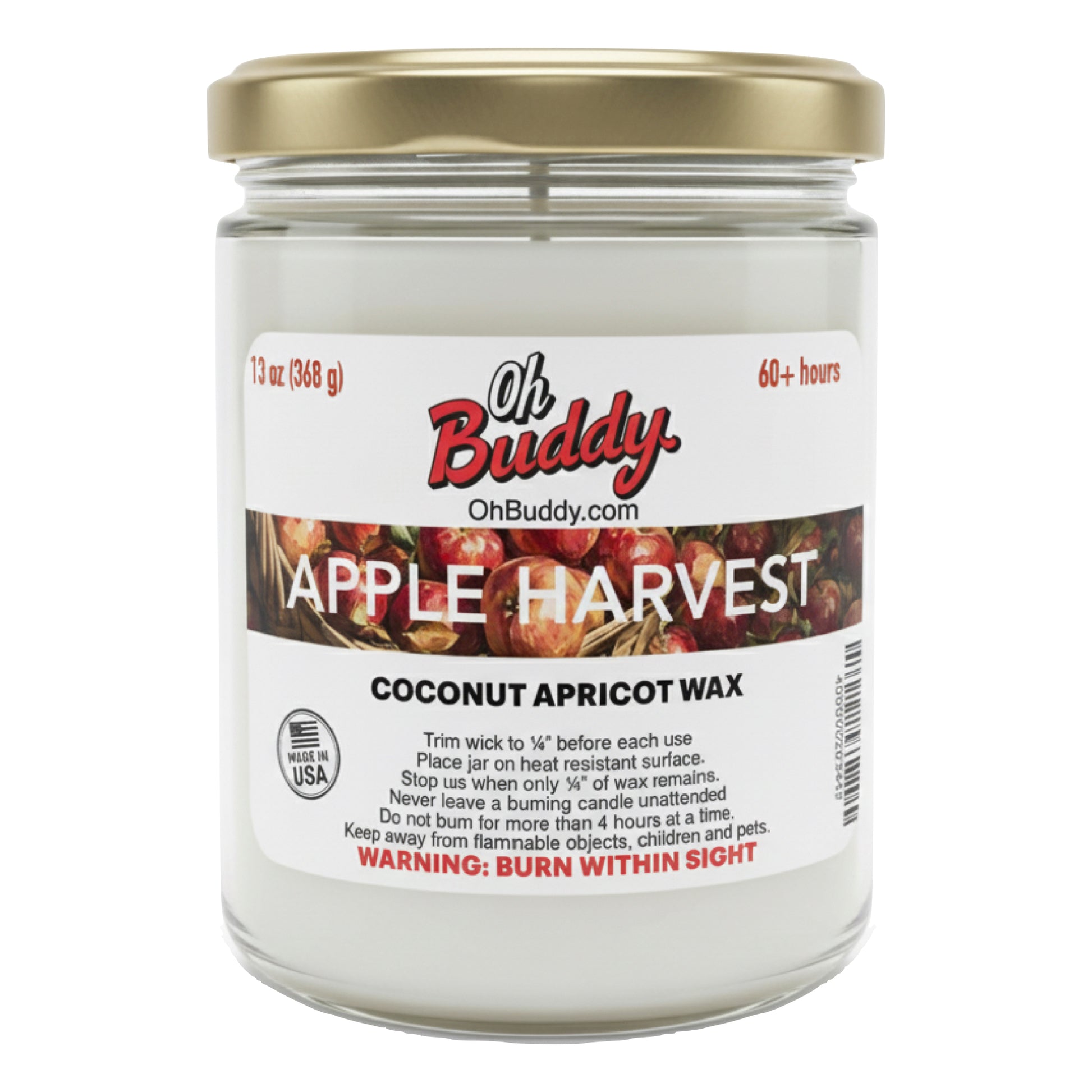 Jar of candle labeled 'Oh Buddy Apple Harvest' with coconut apricot wax on a white background