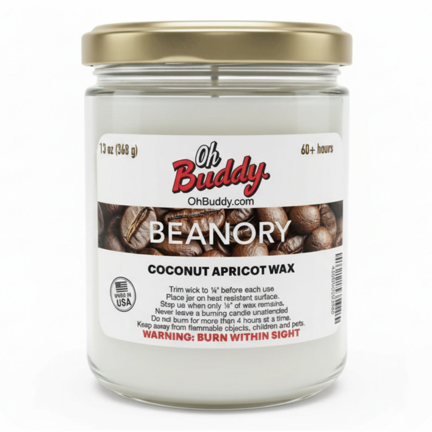 Candle jar labeled 'Oh Buddy Beanory' with coconut apricot wax on a white background