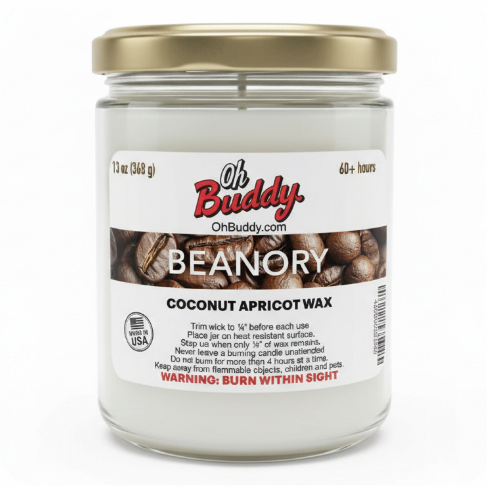 Candle jar labeled 'Oh Buddy Beanory' with coconut apricot wax on a white background