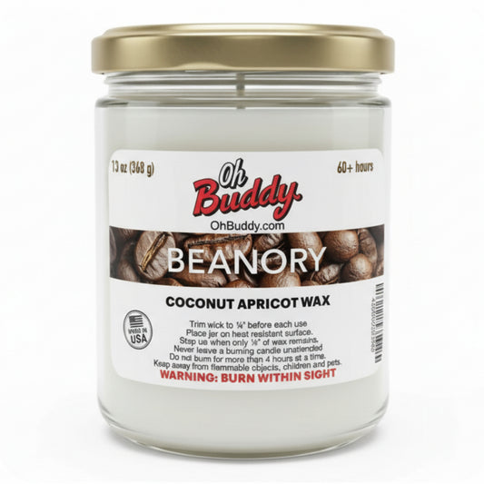 Candle jar labeled 'Oh Buddy Beanory' with coconut apricot wax on a white background