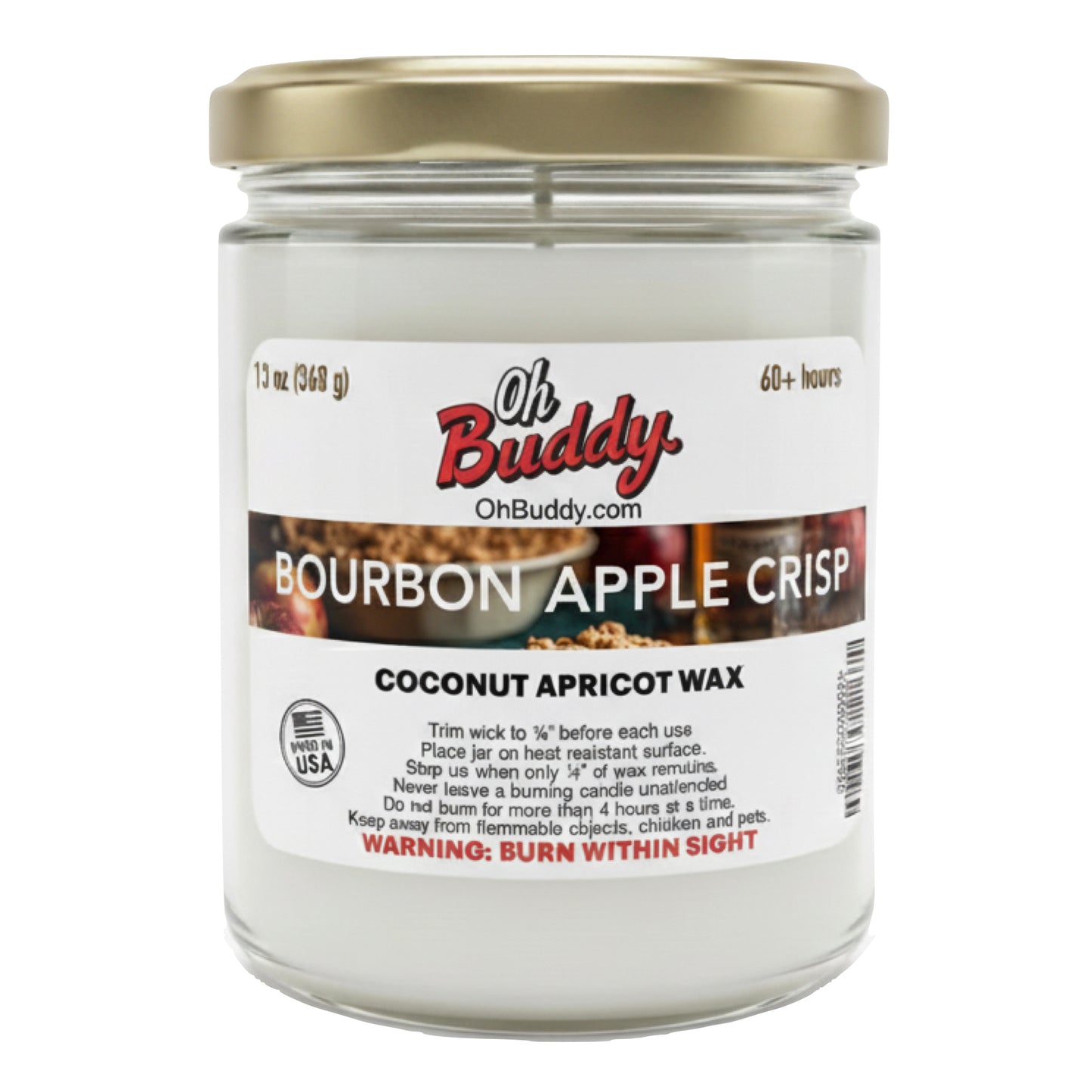 Jar of Oh Buddy Bourbon Apple Crisp candle with a gold lid on a white background