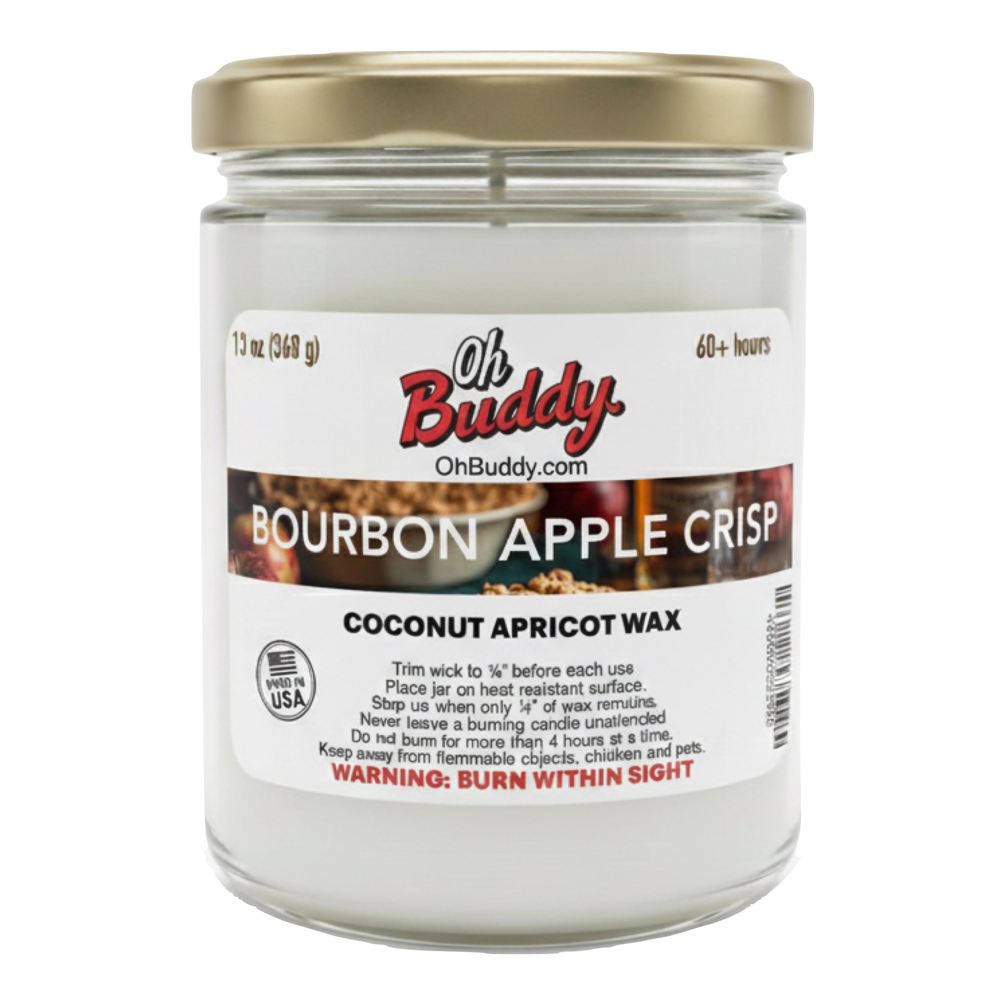 Jar of Oh Buddy Bourbon Apple Crisp candle with a gold lid on a white background