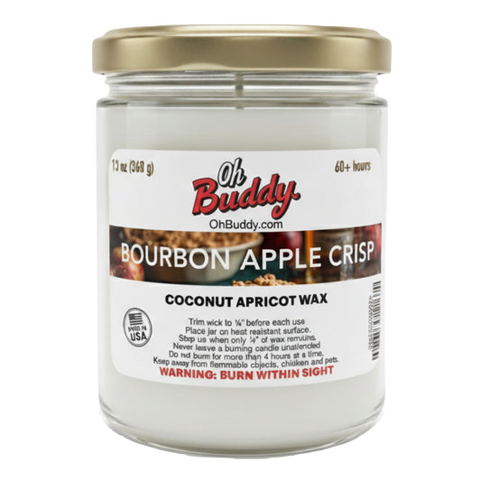 Jar of Oh Buddy Bourbon Apple Crisp candle with a gold lid on a white background