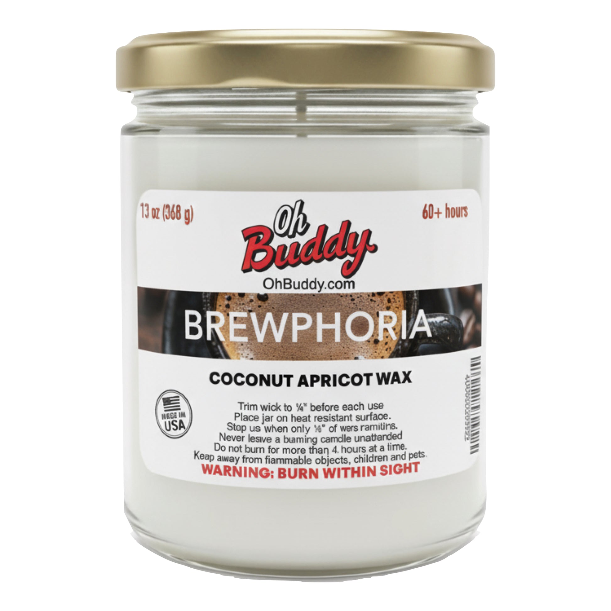 Jar of Oh Buddy Brewphoria coconut apricot wax on a white background