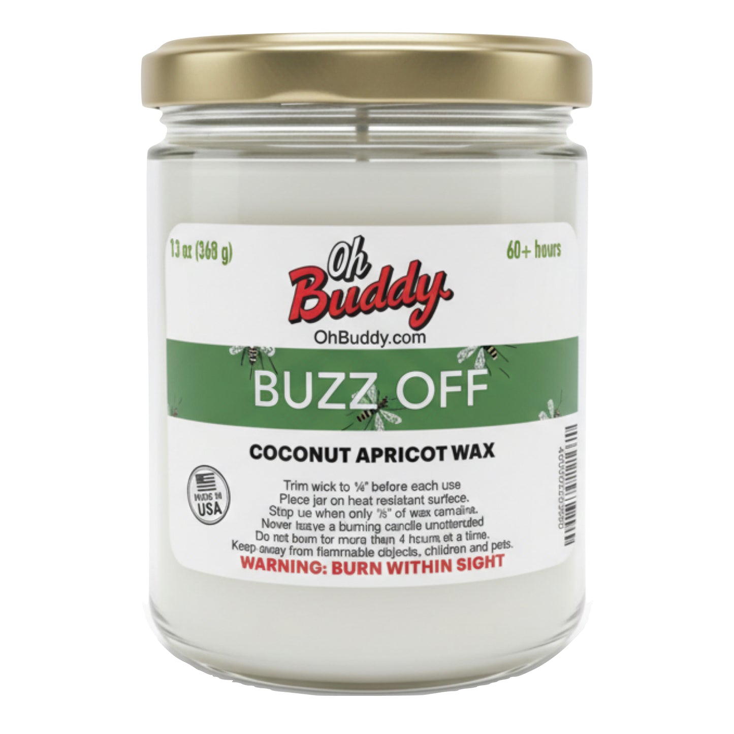 BuzzOff Glass Candle with premium wax and a nice label on a white background