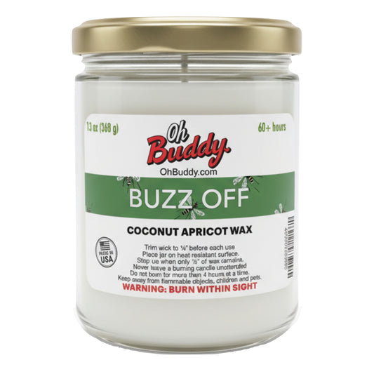 BuzzOff Glass Candle with premium wax and a nice label on a white background