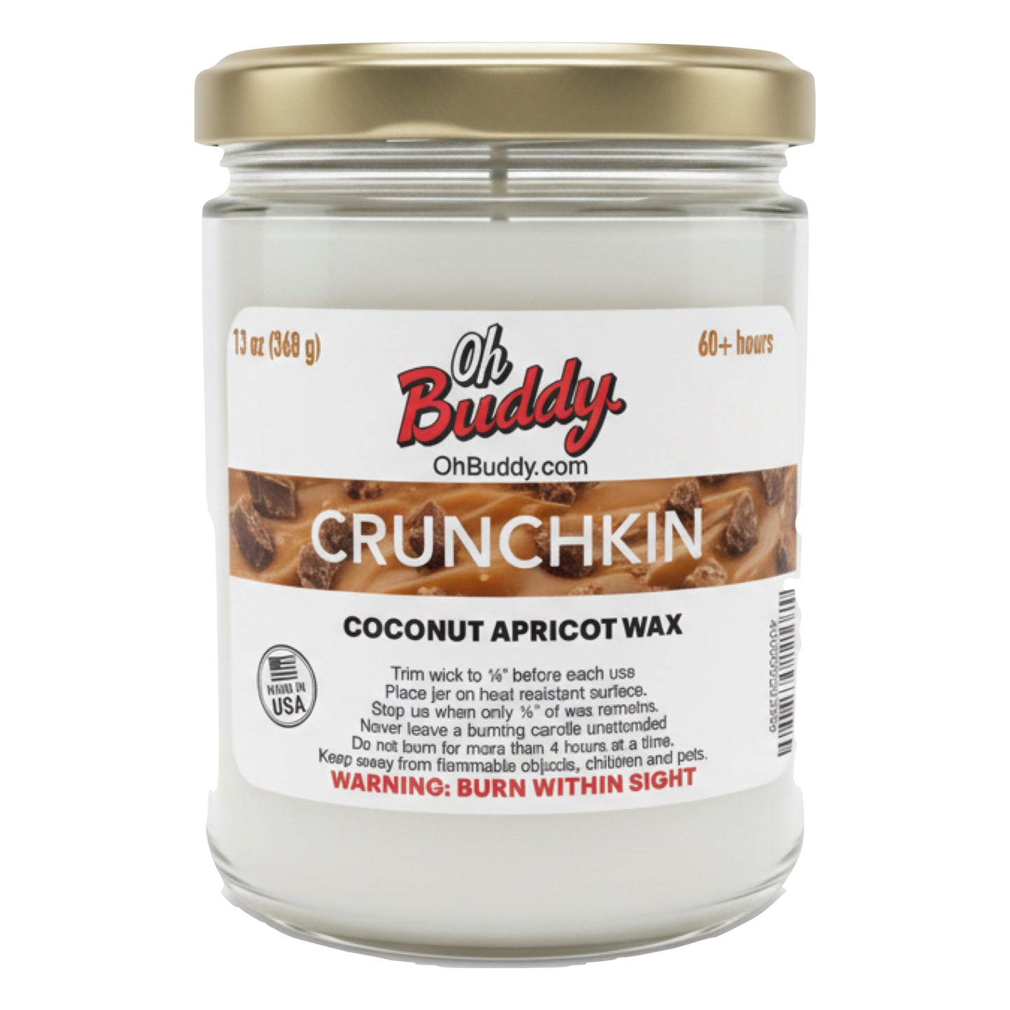 Jar of Oh Buddy Crunchkin coconut apricot wax candle on a white background