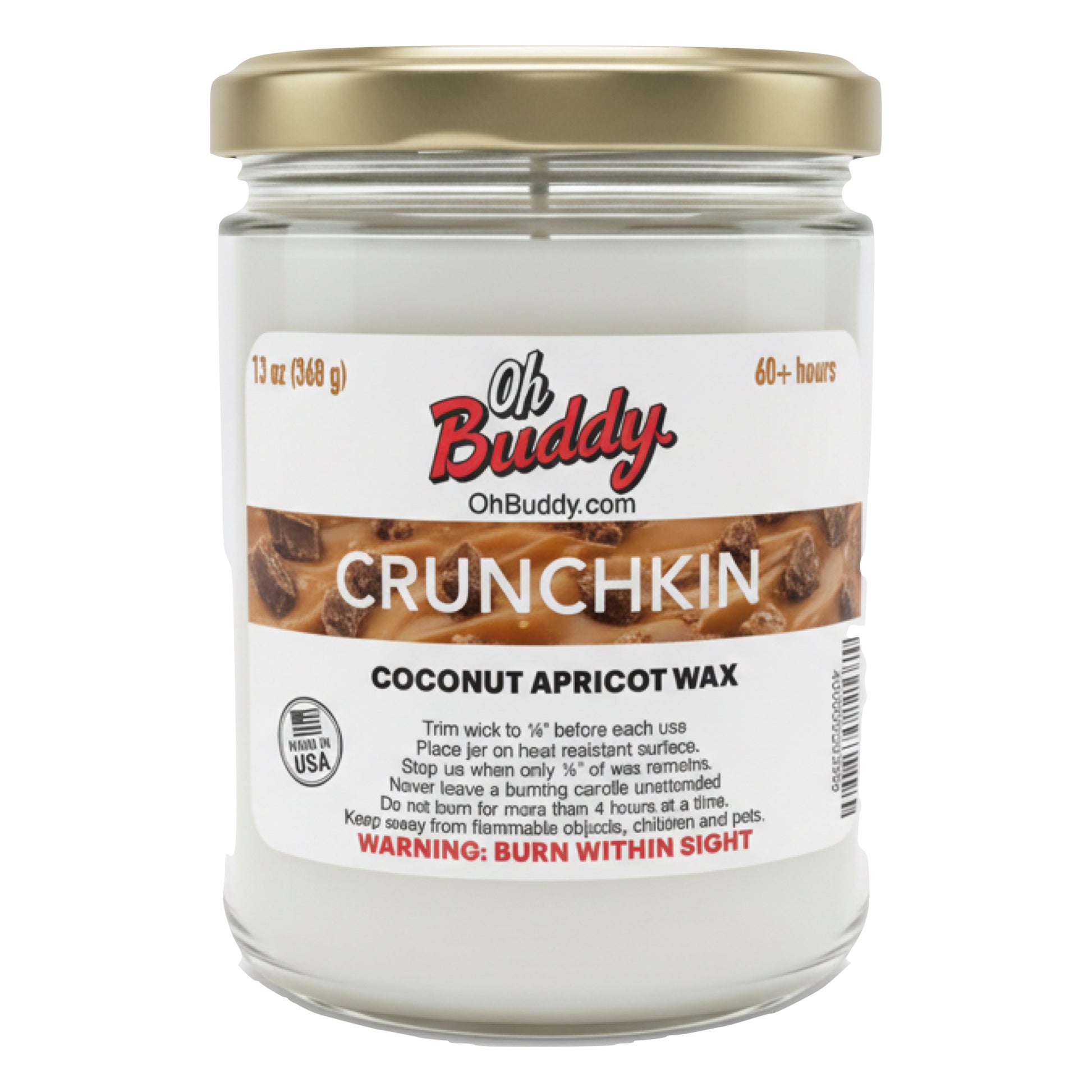 Jar of Oh Buddy Crunchkin coconut apricot wax candle on a white background