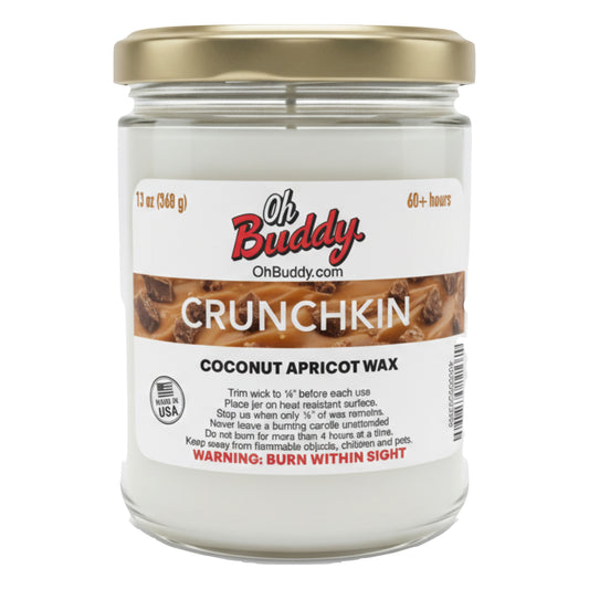 Jar of Oh Buddy Crunchkin coconut apricot wax candle on a white background