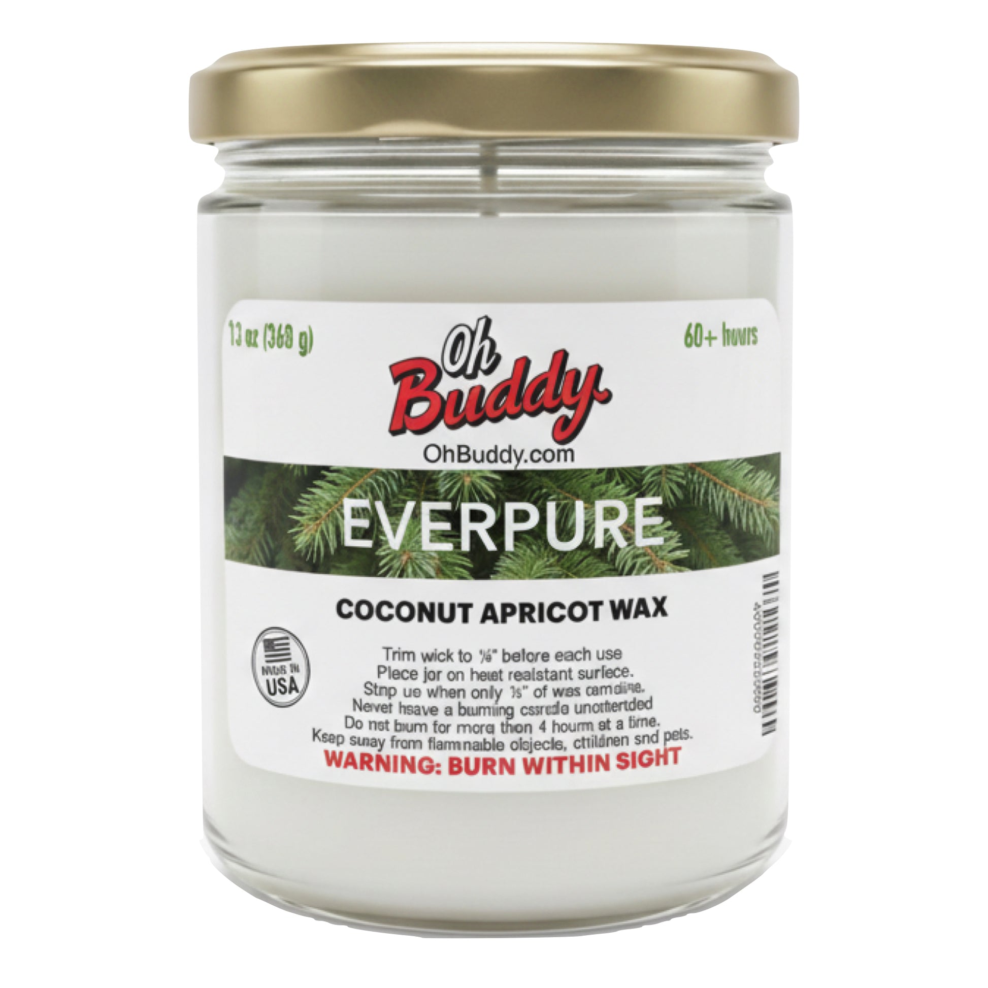 Jar of Oh Buddy Everpure coconut apricot wax candle with label on a white background