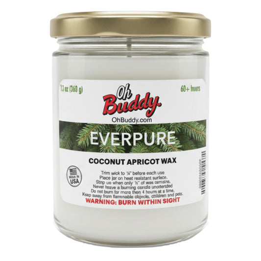 Jar of Oh Buddy Everpure coconut apricot wax candle with label on a white background