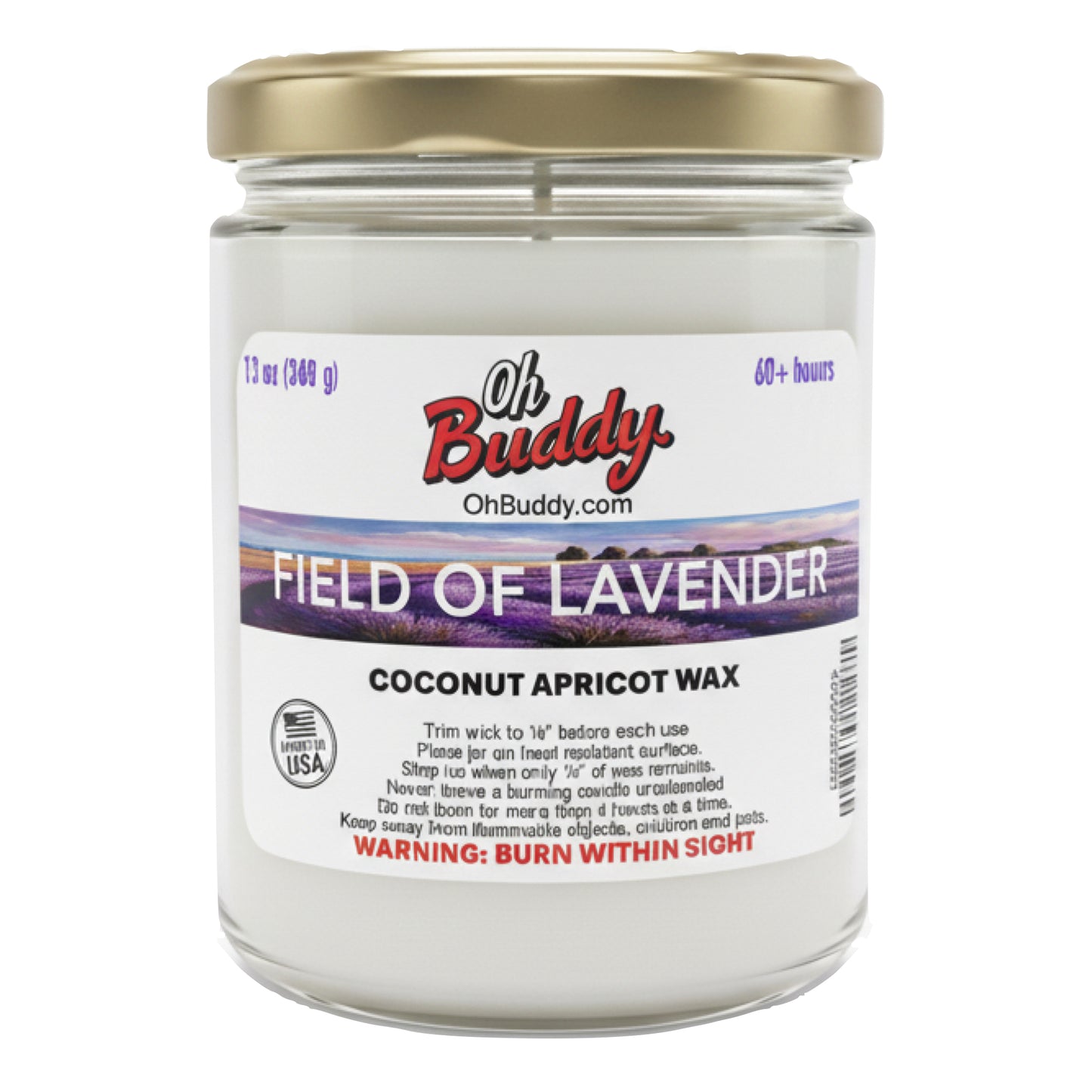 Jar of candle labeled 'Oh Buddy' with 'Field of Lavender' on a white background