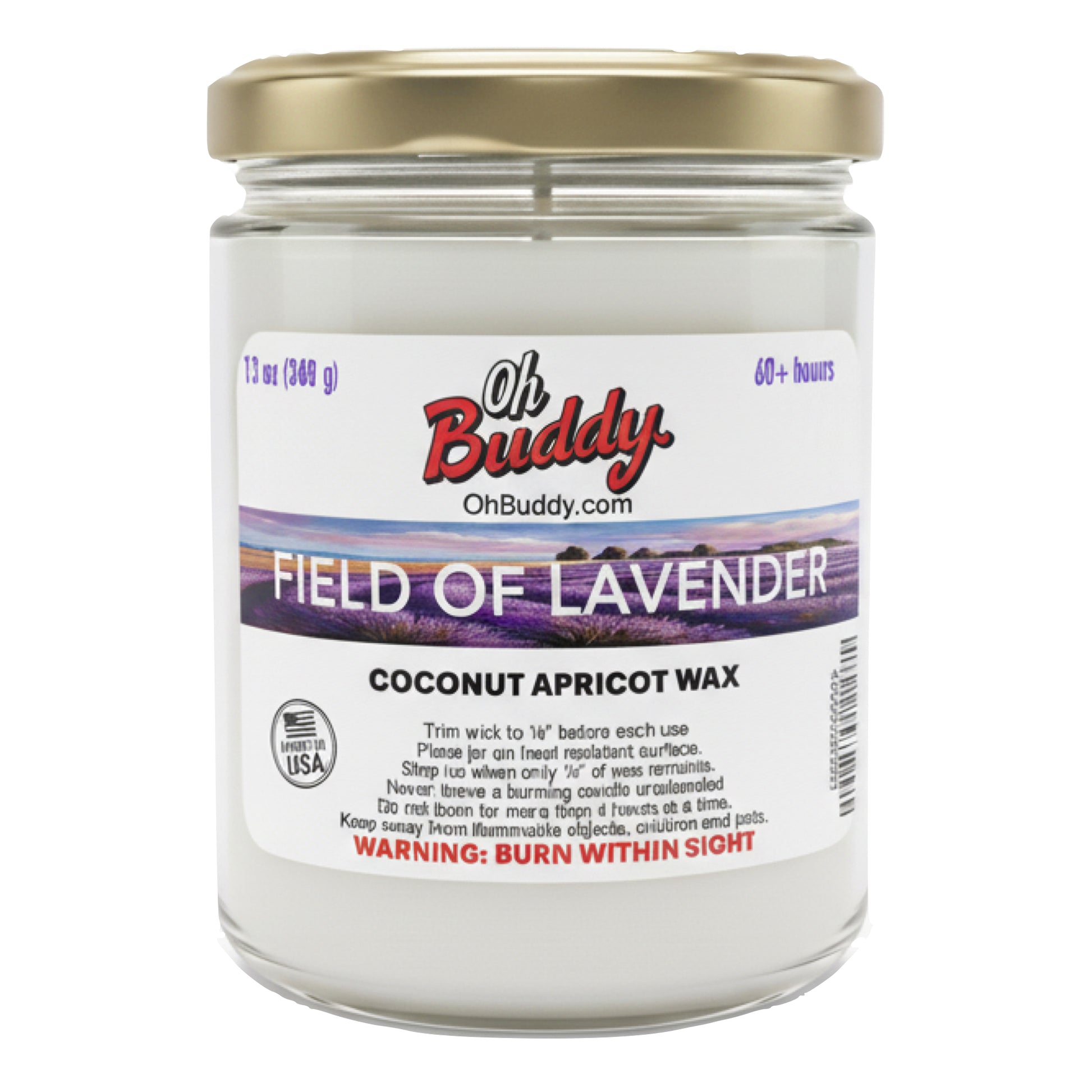 Jar of candle labeled 'Oh Buddy' with 'Field of Lavender' on a white background