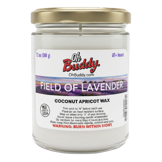 Jar of candle labeled 'Oh Buddy' with 'Field of Lavender' on a white background