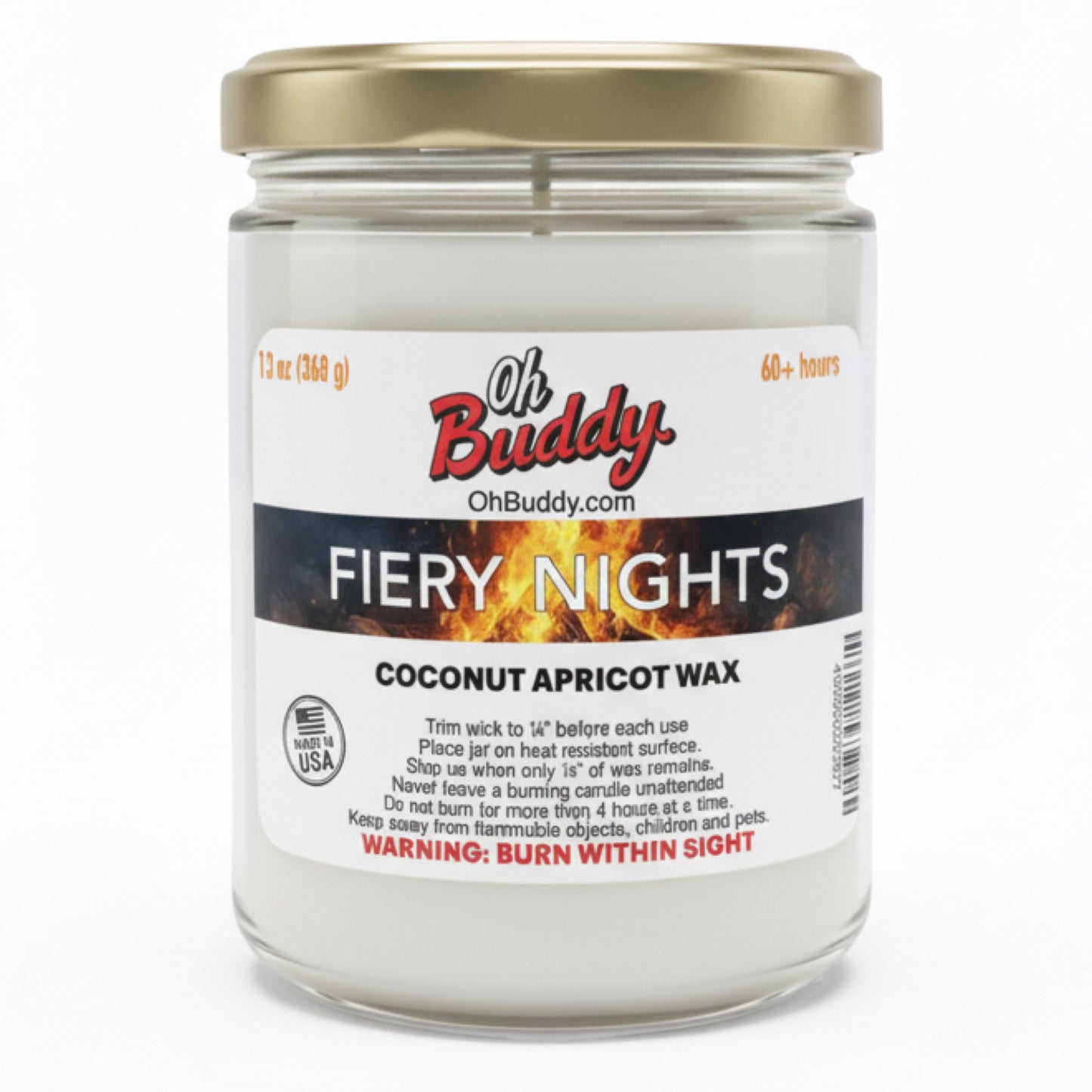 Candle jar labeled 'Oh Buddy Fiery Nights' with apricot wax on a white background