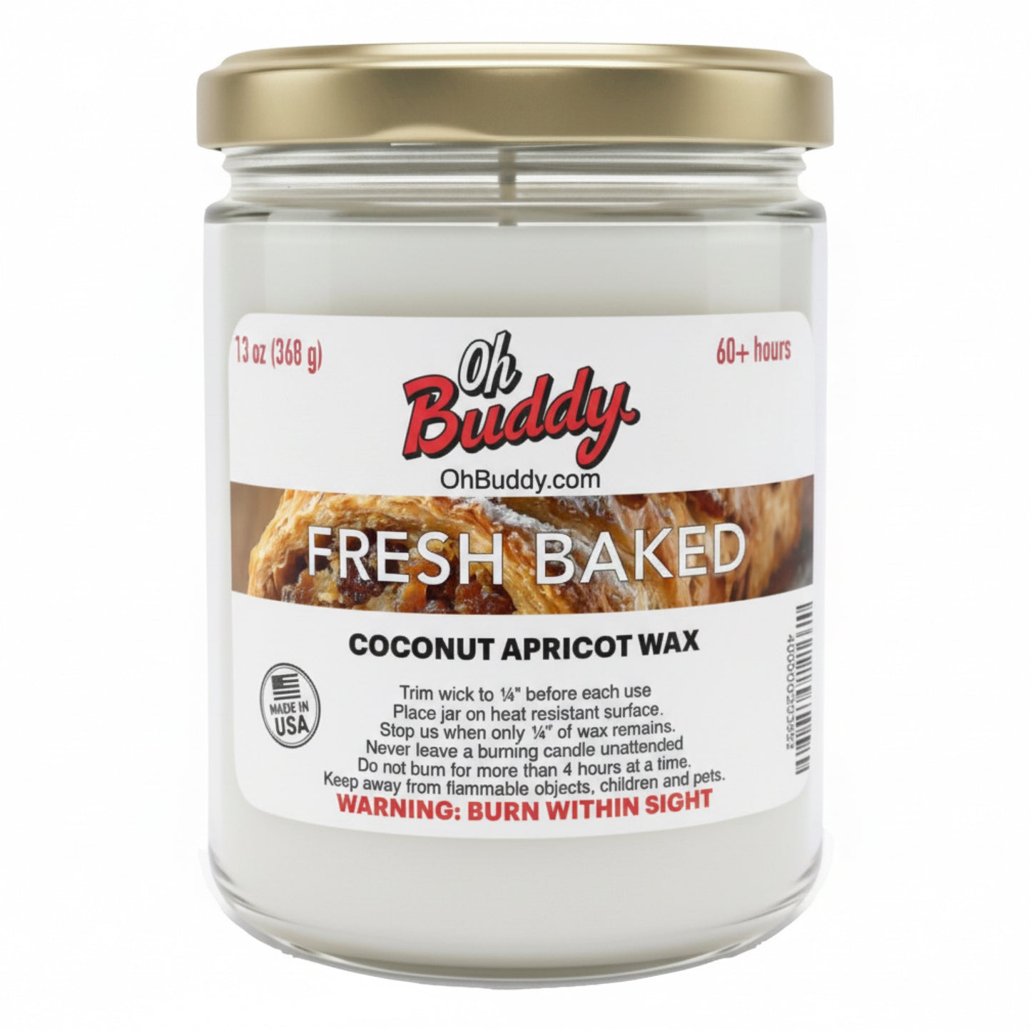 Candle jar with 'Oh Buddy'  "Fresh Baked" label on a white background