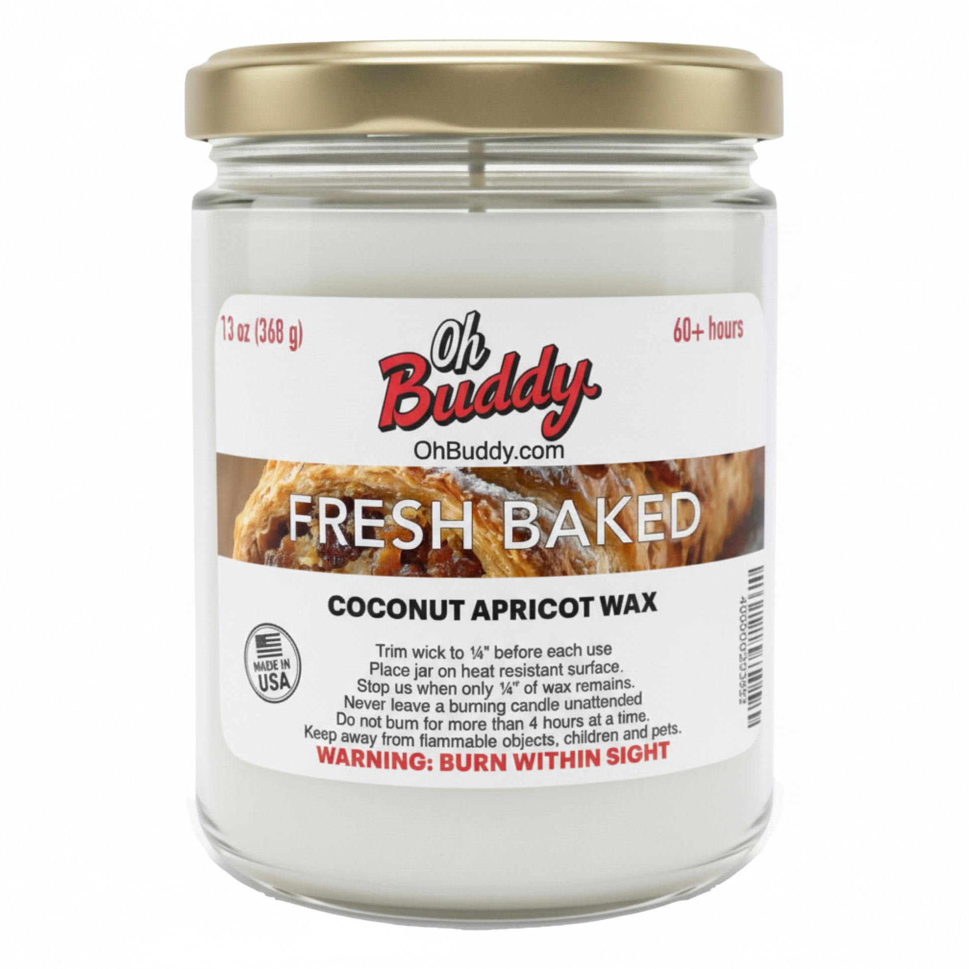 Candle jar with 'Oh Buddy'  "Fresh Baked" label on a white background