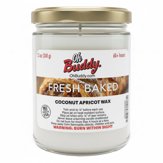 Candle jar with 'Oh Buddy'  "Fresh Baked" label on a white background