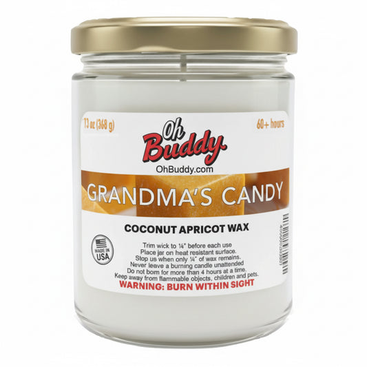 Jar of 'Grandma's Candy' coconut apricot wax candle with 'Oh Buddy' branding on a white background.