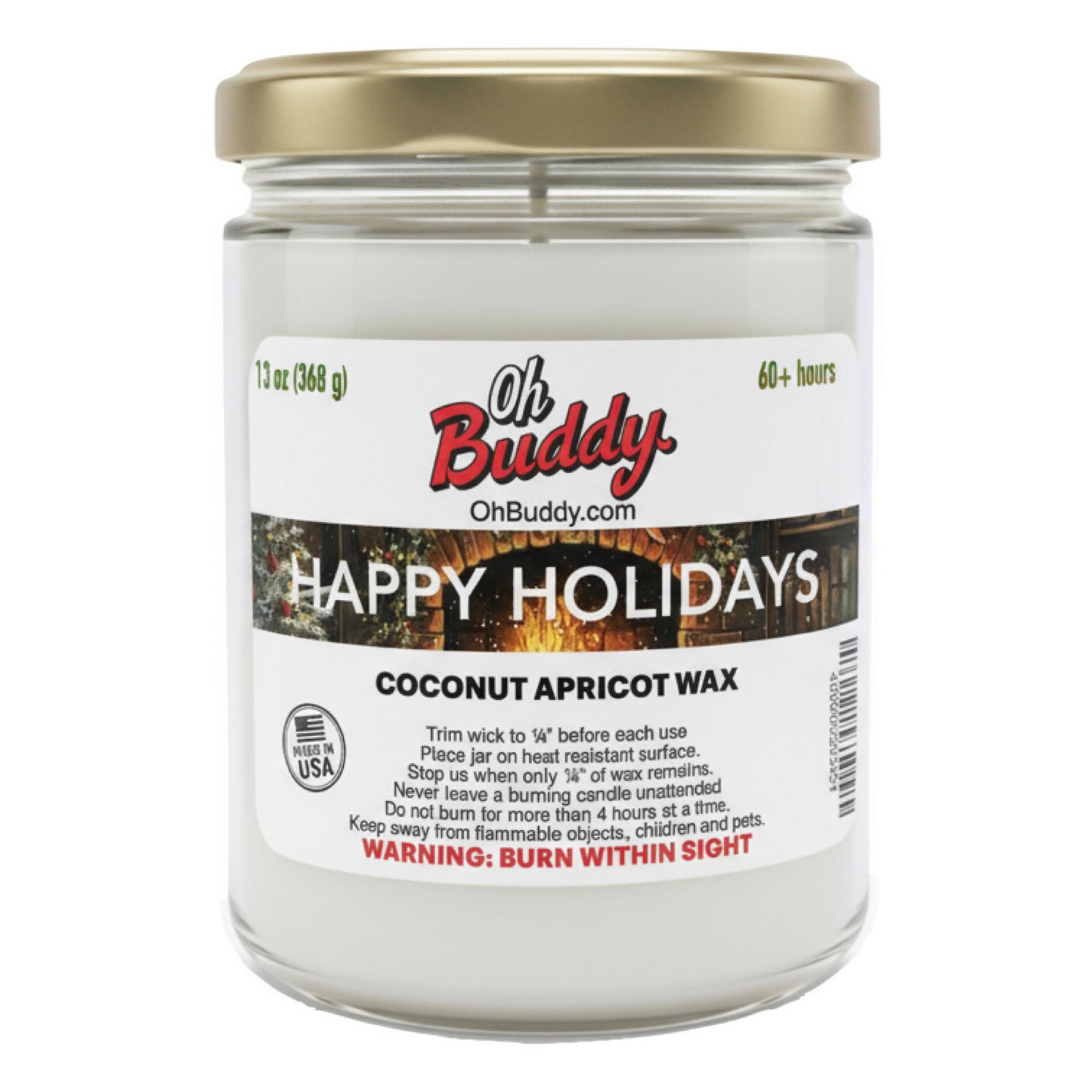 Candle jar with 'Oh Buddy' label on a white background