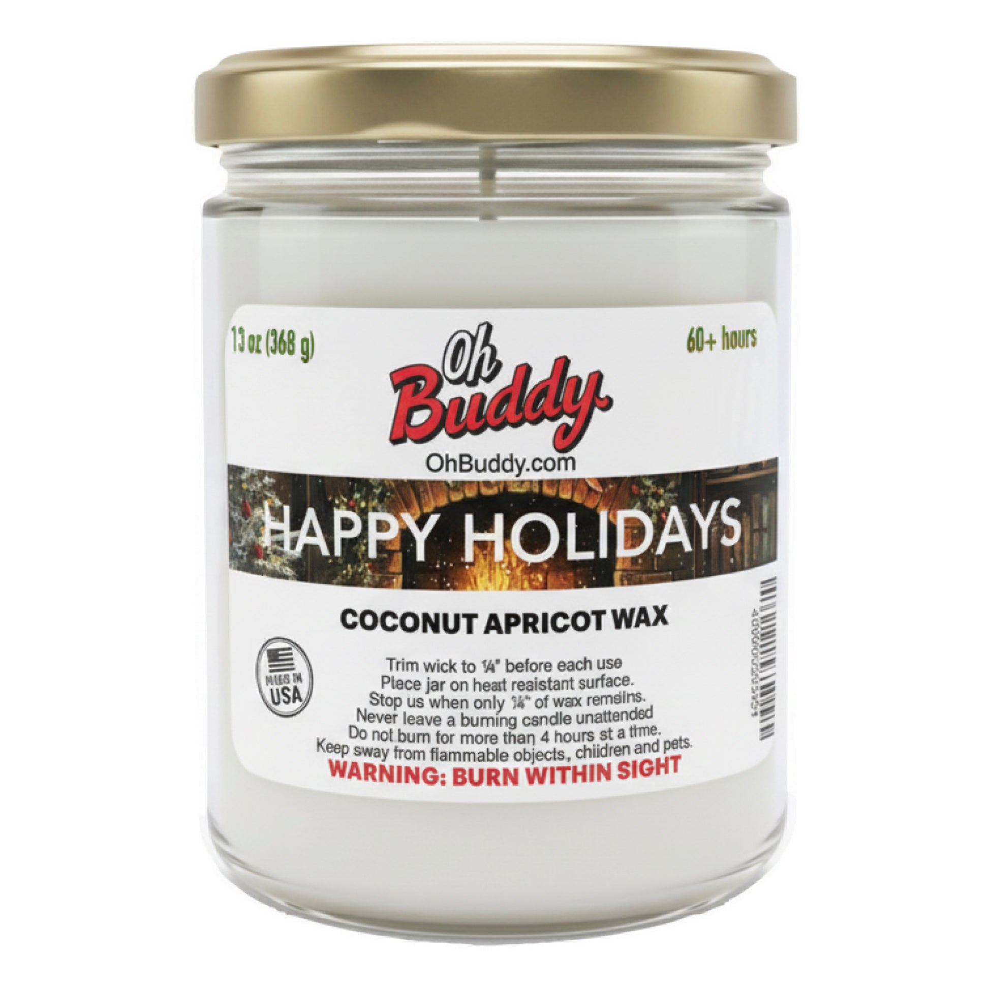 Candle jar with 'Oh Buddy' label on a white background