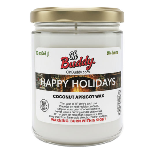 Candle jar with 'Oh Buddy' label on a white background