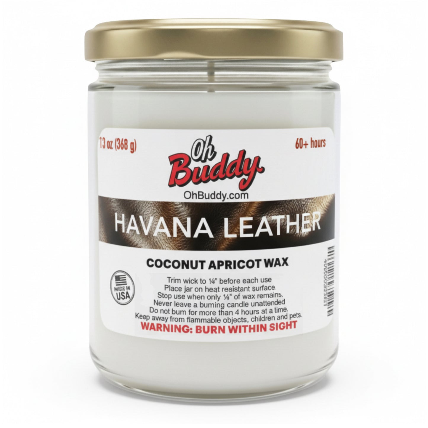 Candle jar labeled 'Havana Leather' by Oh Buddy on a white background