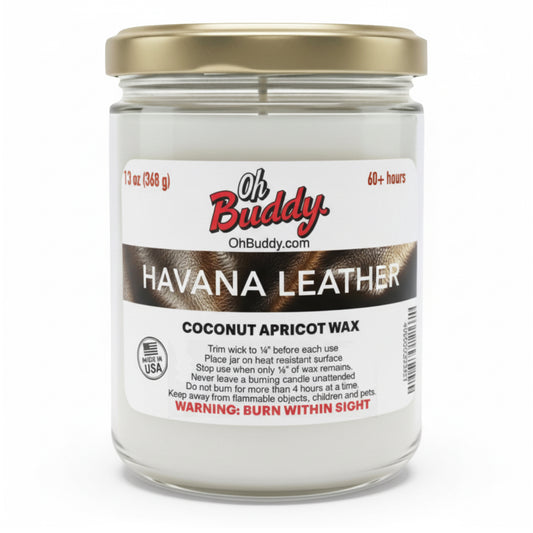 Candle jar labeled 'Havana Leather' by Oh Buddy on a white background