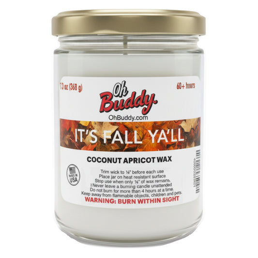 Jar of candle with 'Oh Buddy' label on a white background