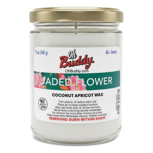 Jar of 'Jaded Flower' coconut apricot wax candle with 'Oh Buddy' branding on a white background