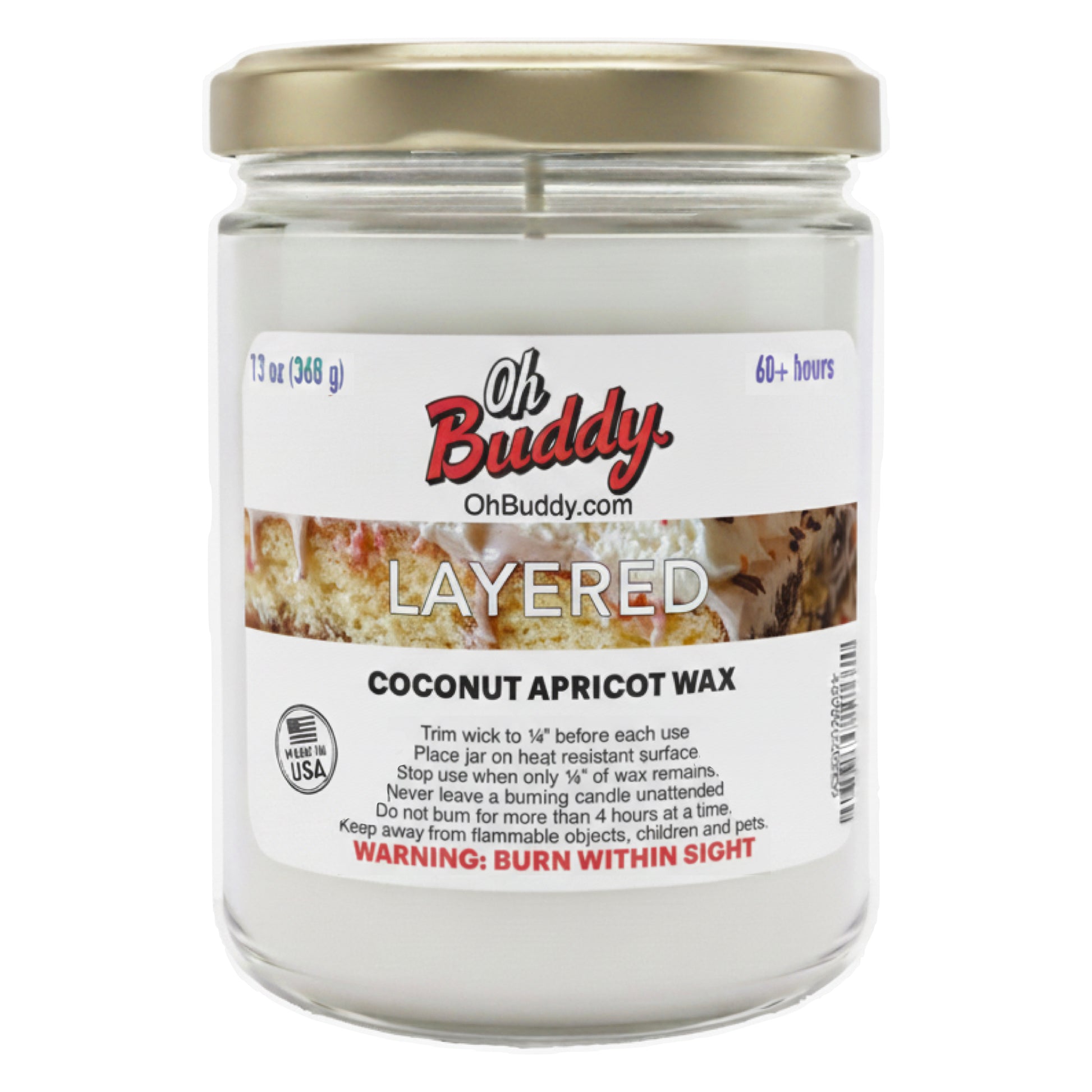 Candle jar with 'Oh Buddy' label on a white background