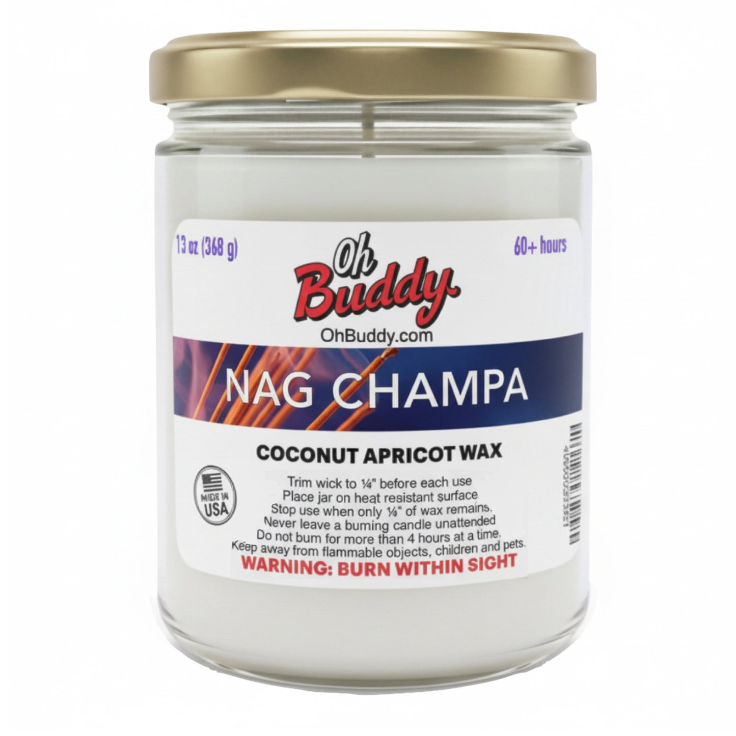 Candle jar with 'Oh Buddy' label on a white background