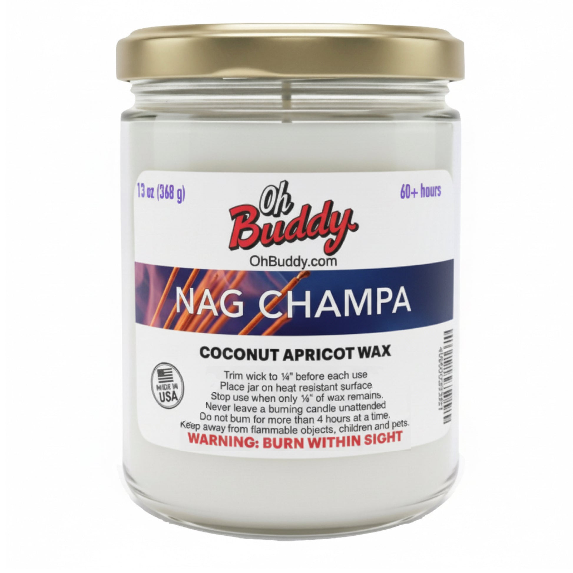 Candle jar with 'Oh Buddy' label on a white background