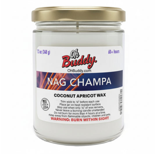 Candle jar with 'Oh Buddy' label on a white background