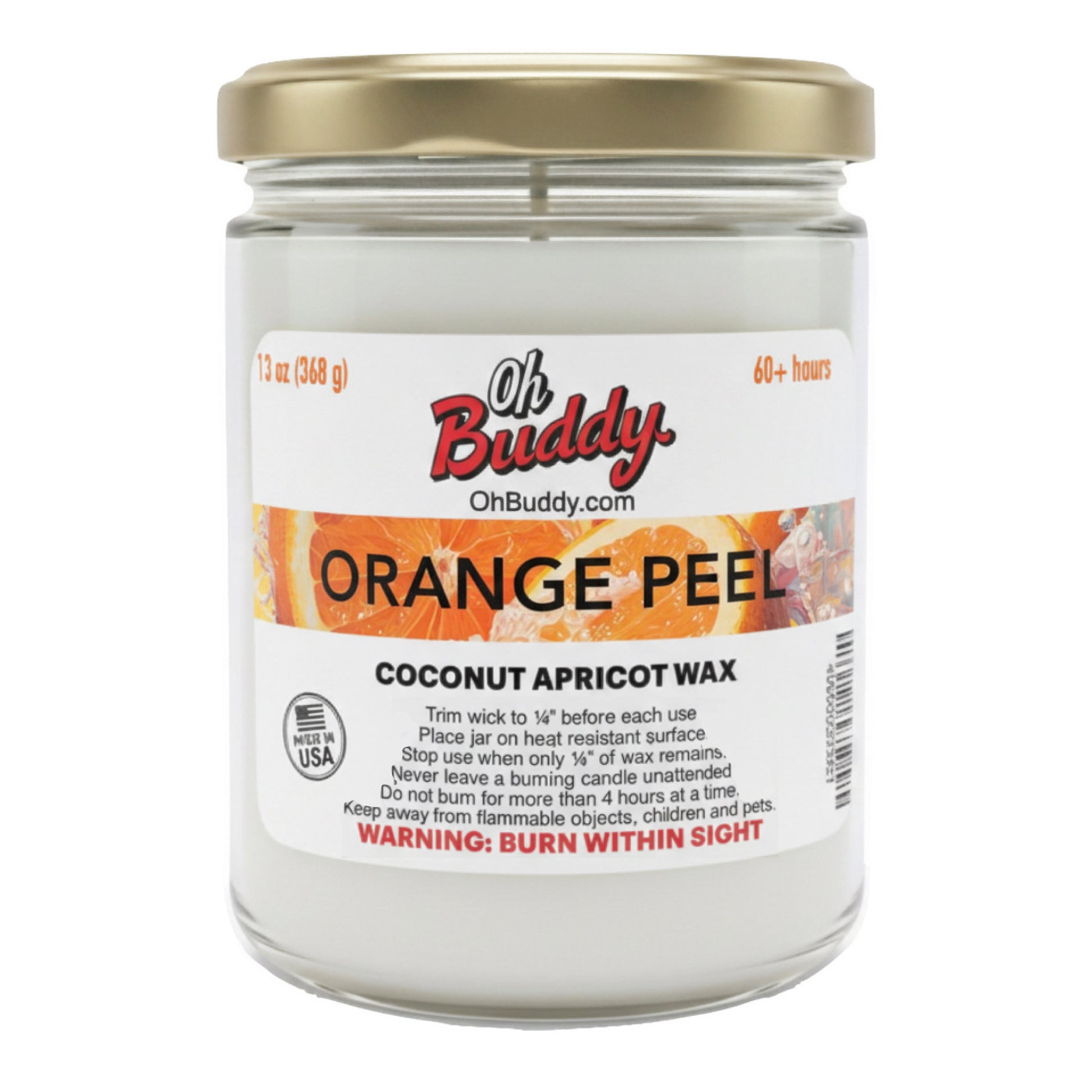 Candle jar labeled 'Oh Buddy Orange Peel' with a gold lid on a white background