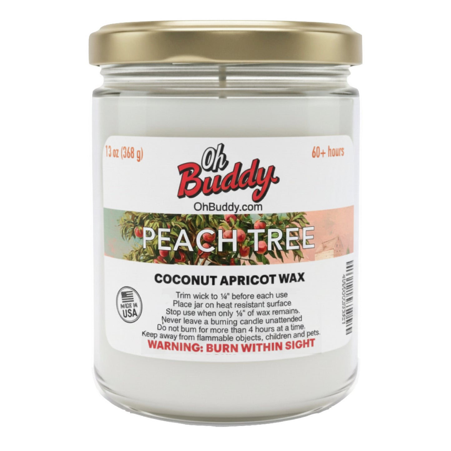 Jar of candle with 'Oh Buddy' label on a white background