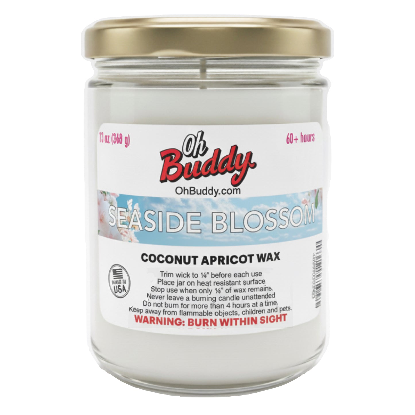 Candle jar labeled 'Oh Buddy Seaside Blossom' with a white label on a white background