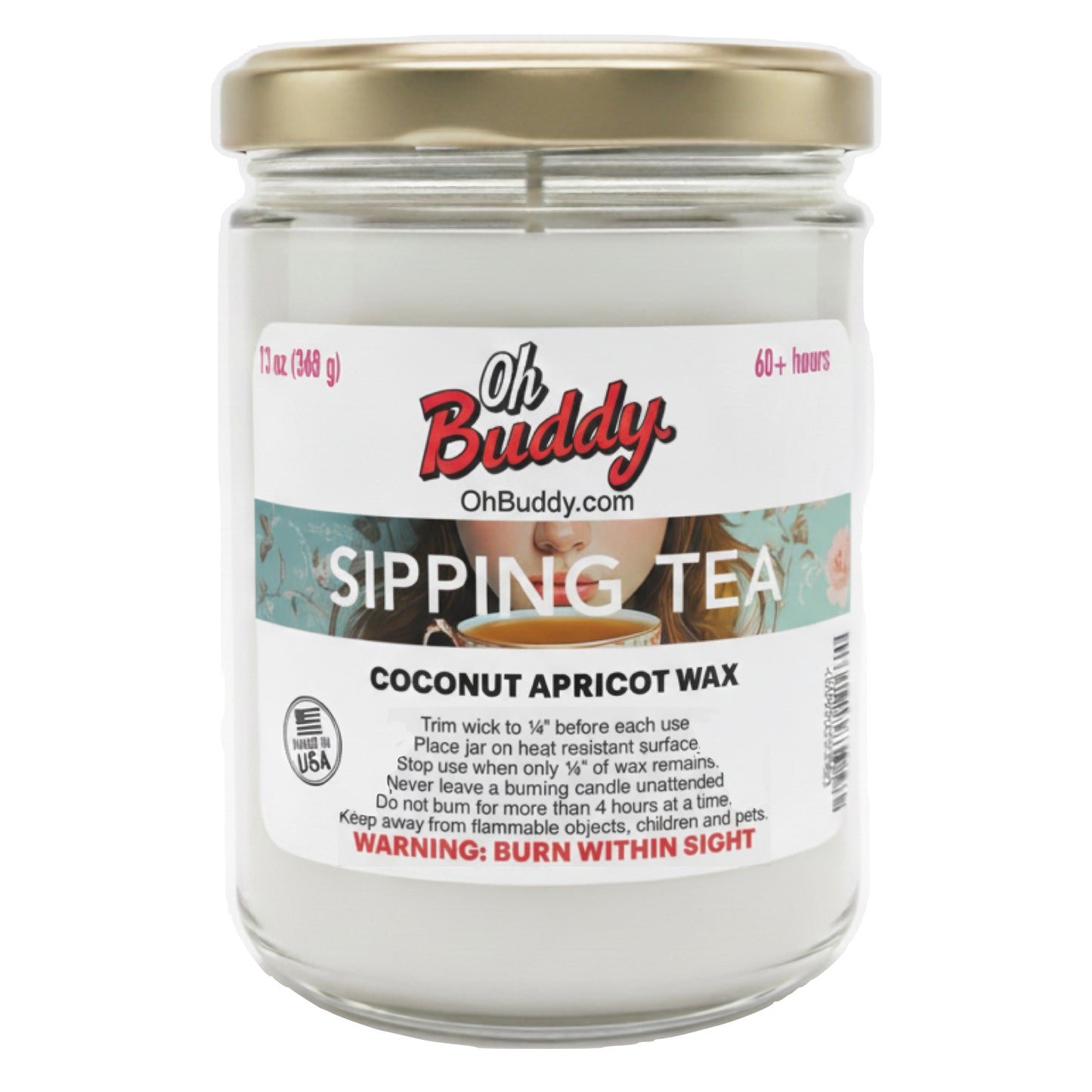 Jar of Oh Buddy candle with label on a white background