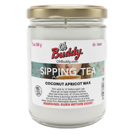 Jar of Oh Buddy candle with label on a white background