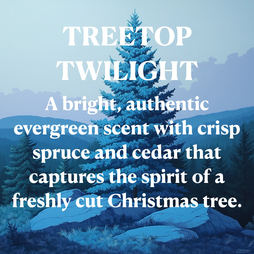TREETOP TWILIGHT A bright, authentic evergreen scent with crisp spruce and cedar that captures the spirit of a freshly cut Christmas tree.