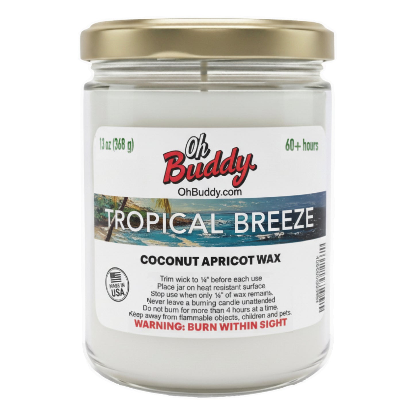 Oh Buddy Tropical Breeze candle with a gold lid on a white background