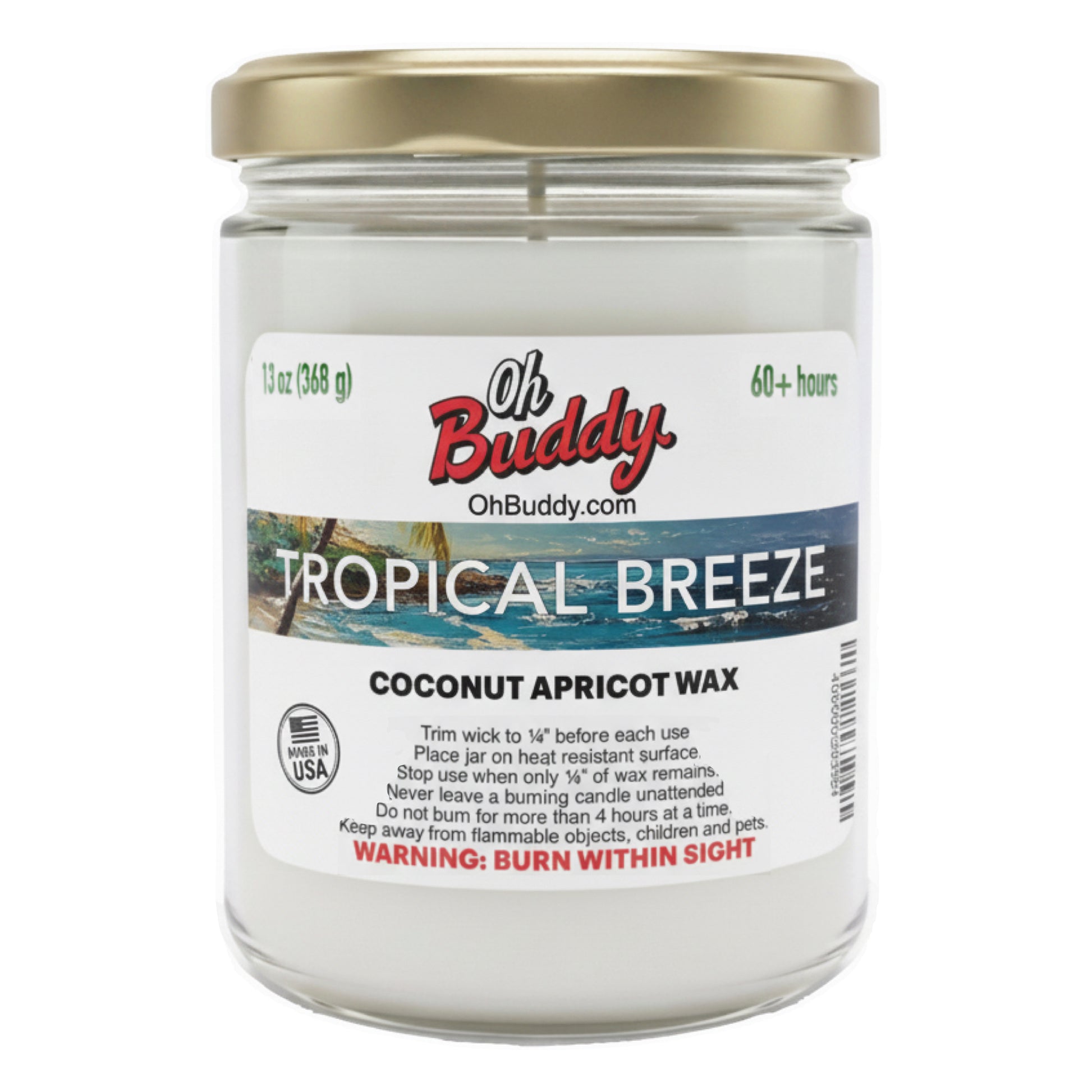 Oh Buddy Tropical Breeze candle with a gold lid on a white background