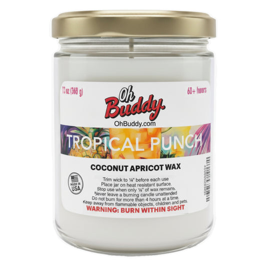 Candle jar labeled 'Oh Buddy Tropical Punch' with a colorful label on a white background