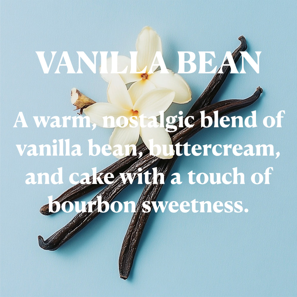 VANILLA BEAN
A warm, nostalgic blend of vanilla bean buttercream, and cake with a touch of bourbon sweetness.