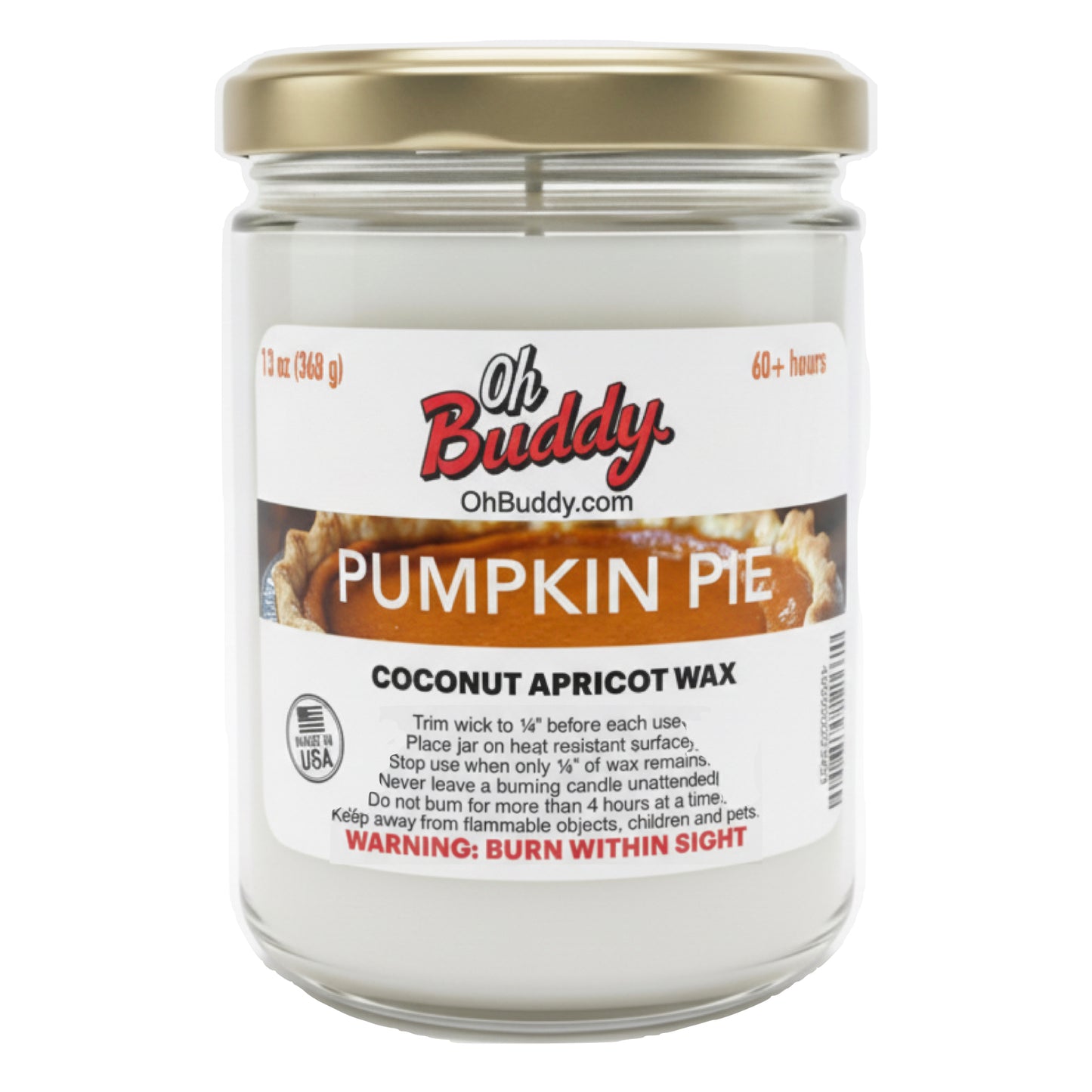 Jar of Oh Buddy Pumpkin Pie candle with a gold lid on a white background