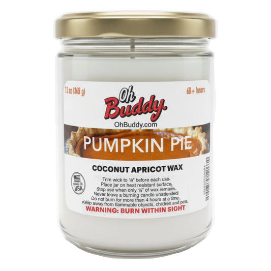 Jar of Oh Buddy Pumpkin Pie candle with a gold lid on a white background